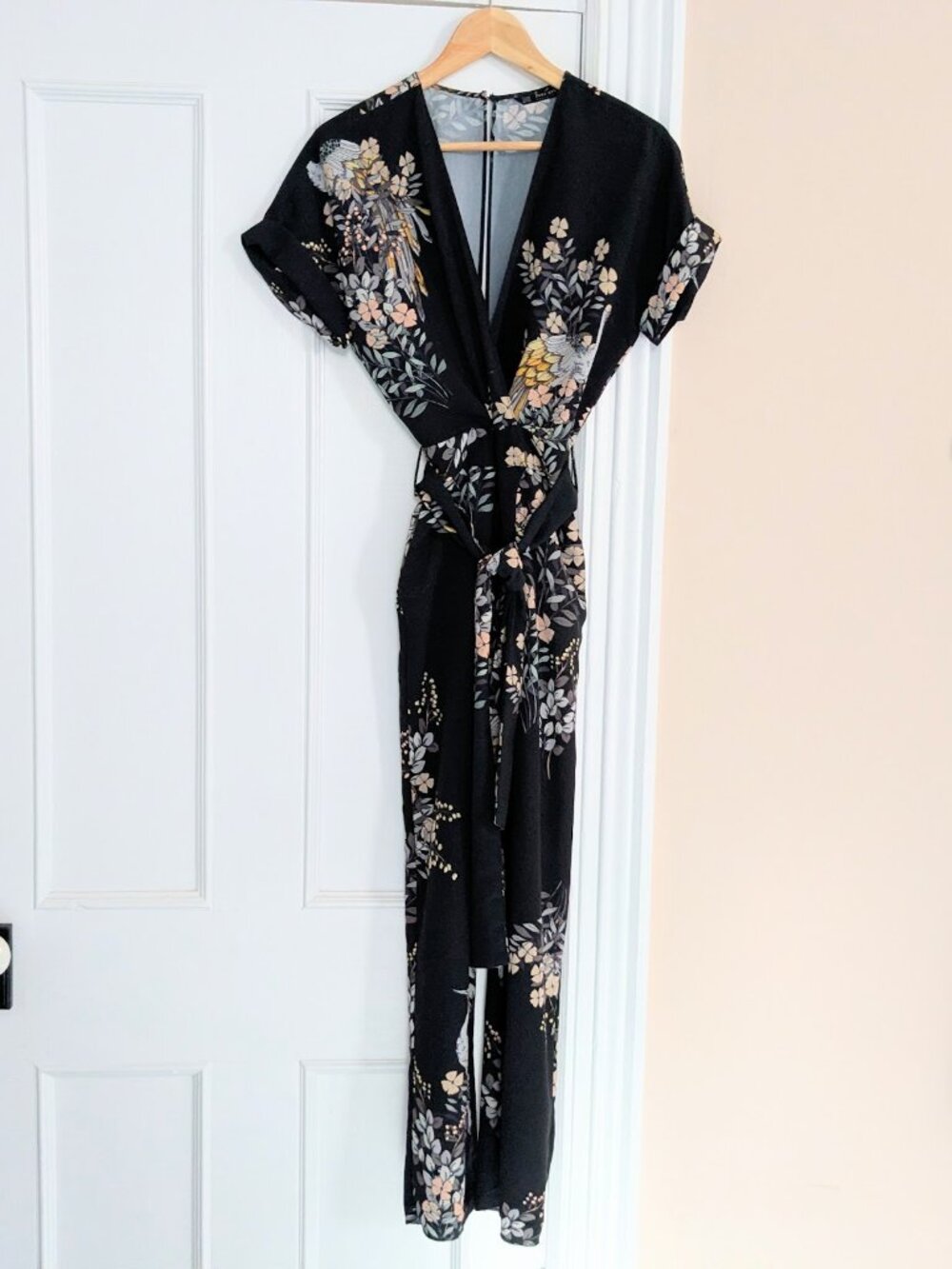 ZARA XS Belted Black Jumpsuit w/ Asian Floral & Birds Print